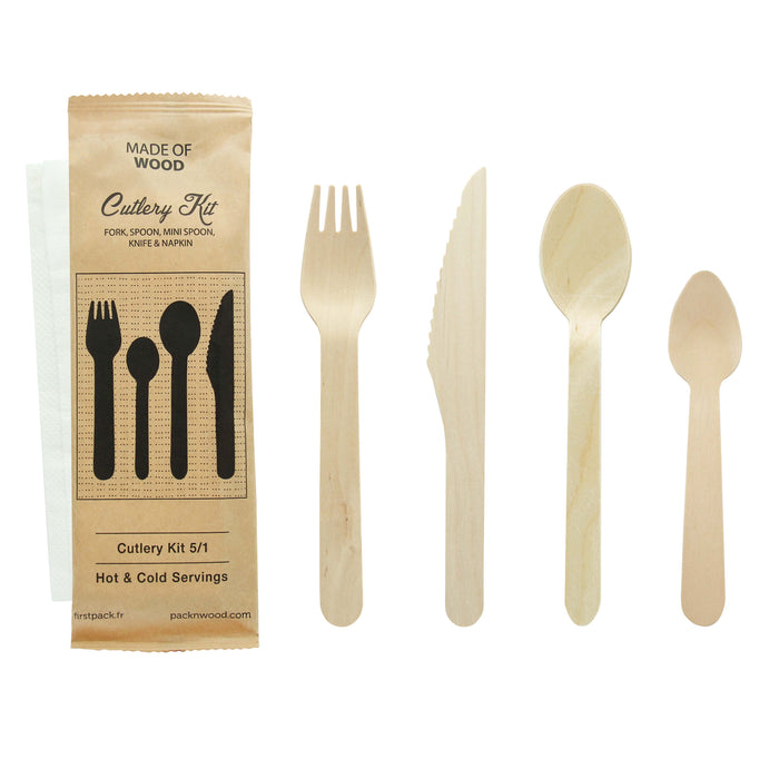 Kit posate in legno 5/1: coltello, forchetta, cucchiaio piccolo e grande, tovagliolo, involucro kraft - H 16,5 cm - 50 pezzi