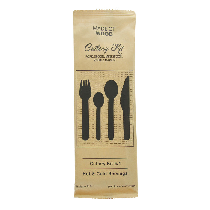 Kit posate in legno 5/1: coltello, forchetta, cucchiaio piccolo e grande, tovagliolo, involucro kraft - H 16,5 cm - 50 pezzi