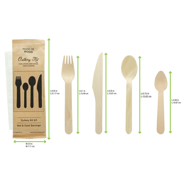 Kit posate in legno 5/1: coltello, forchetta, cucchiaio piccolo e grande, tovagliolo, involucro kraft - H 16,5 cm - 50 pezzi