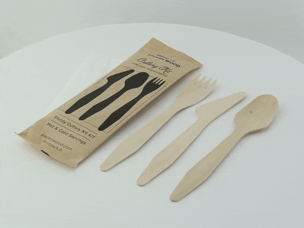 Kit posate in legno "Hercules" 3/1: coltello, forchetta, cucchiaio, tovagliolo, involucro kraft  H185mm