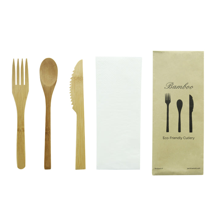 Kit posate in bambù 4/1: coltello, forchetta, cucchiaio, tovagliolo, involucro kraft - H 16 cm - 50 pezzi