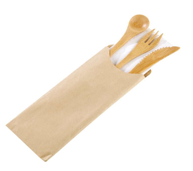 Kit posate in bambù 4/1: coltello, forchetta, cucchiaio, tovagliolo, involucro kraft - H 16 cm - 50 pezzi