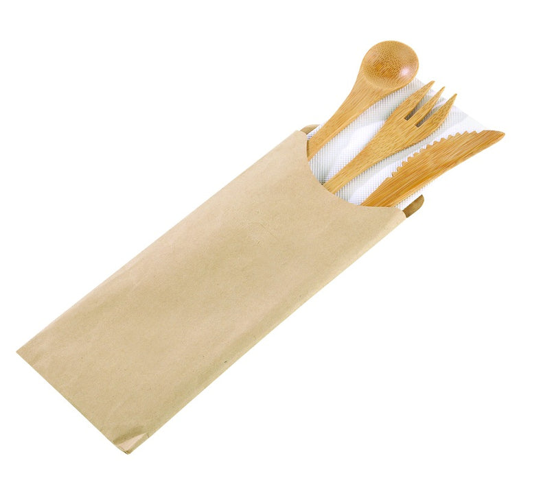 Kit posate in bambù 4/1: coltello, forchetta, cucchiaio, tovagliolo, involucro kraft  H160mm