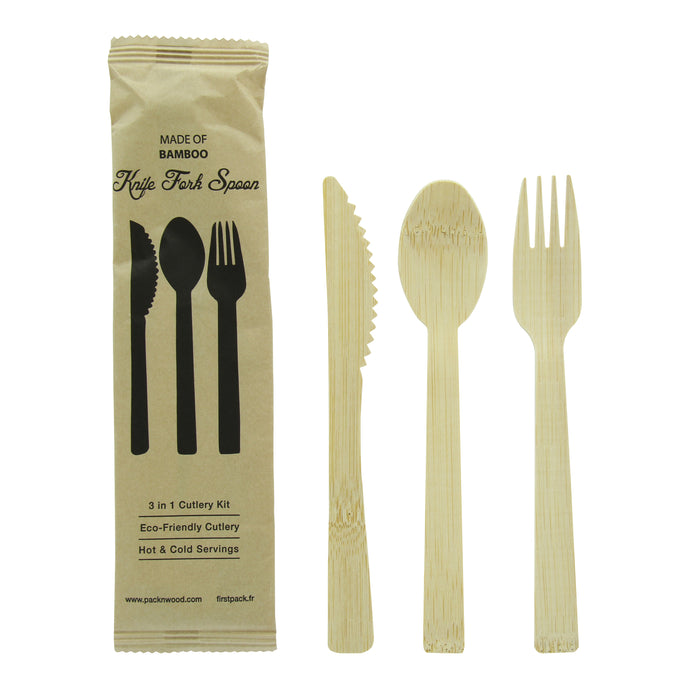 Kit posate in bambù "Anji" 3/1: coltello, forchetta, cucchiaio, involucro kraft - H 17 cm - 100 pezzi
