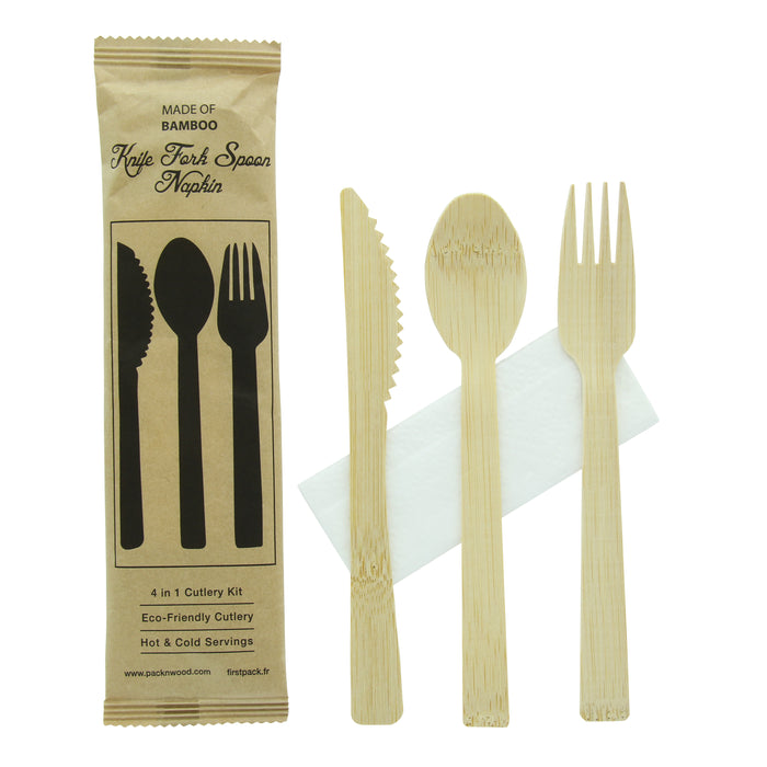 Kit posate in bambù "Anji" 4/1: coltello, forchetta, cucchiaio, tovagliolo, involucro kraft - H 17 cm - 100 pezzi