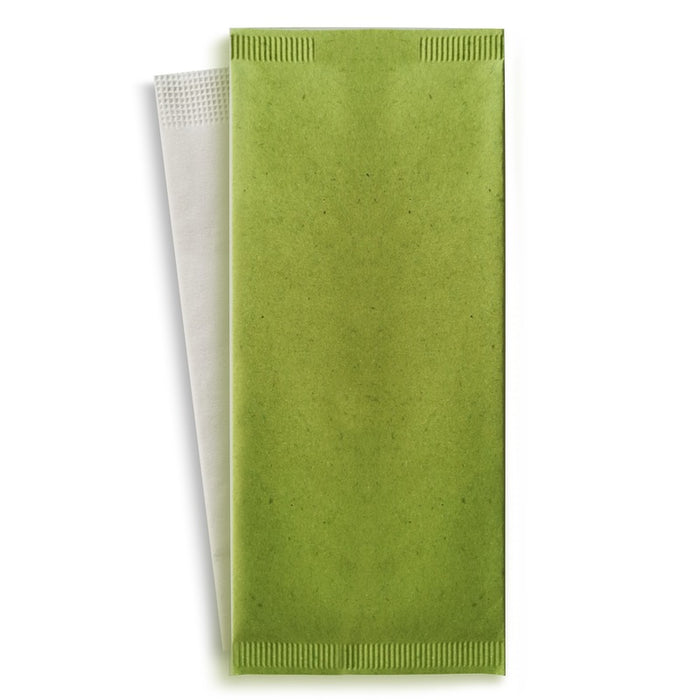 Sacchetto per posate in carta verde con tovagliolo bianco 110x250mm