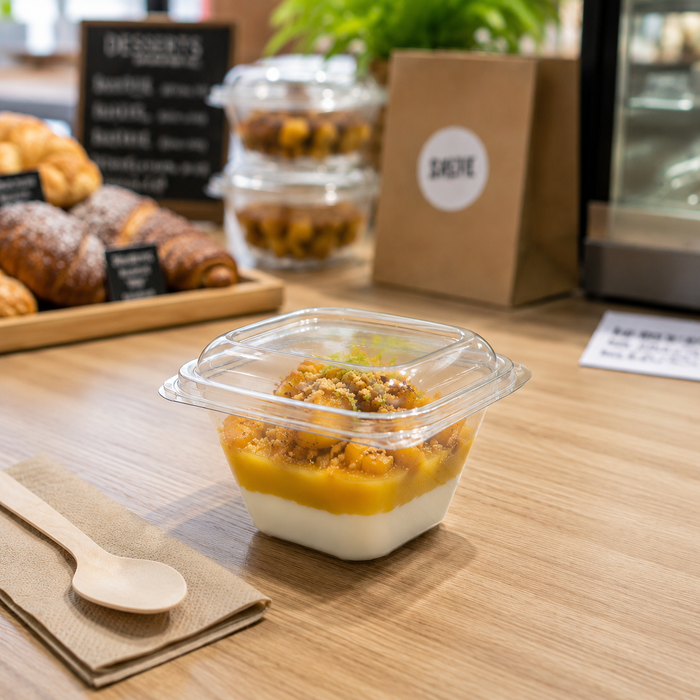 Contenitore "Deli" quadrato in PET trasparente con coperchio - 375 ml - 12,8 cm x 12,8 cm x 7 cm - 50 pezzi