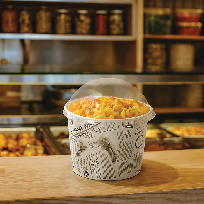 Contenitore "Deli" tondo in cartone, decorazione stampa di giornale - 360 ml - Ø 11,4 cm - H 5,4 cm - 50 pezzi