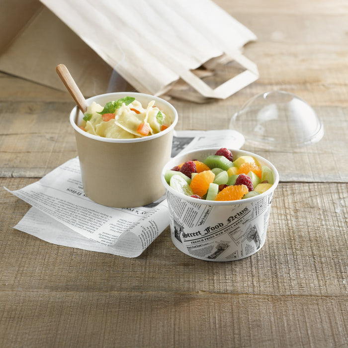 Contenitore "Deli" tondo in cartone, decorazione stampa di giornale - 360 ml - Ø 11,4 cm - H 5,4 cm - 50 pezzi