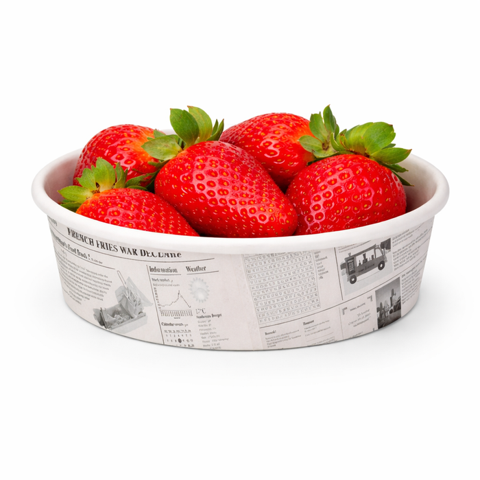 Contenitore "Deli" tondo in cartone, decorazione stampa di giornale - 360 ml - Ø 11,4 cm - H 5,4 cm - 50 pezzi