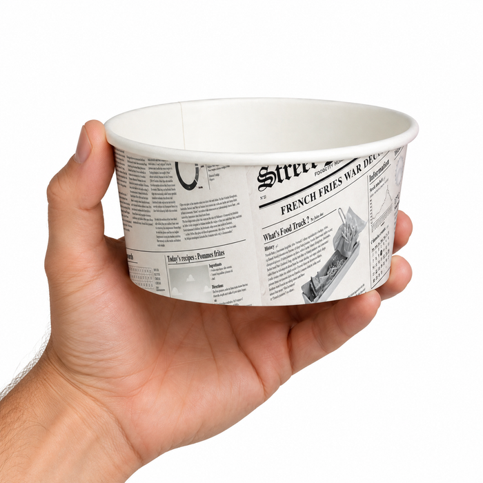 Contenitore "Deli" tondo in cartone, decorazione stampa di giornale - 480 ml - Ø 11,4 cm - H 7,2 cm - 50 pezzi