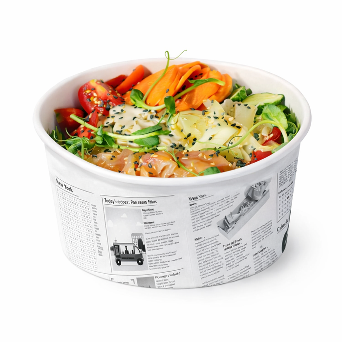 Contenitore "Deli" tondo in cartone, decorazione stampa di giornale - 600 ml - Ø 11,4 cm - H 8,7 cm - 50 pezzi