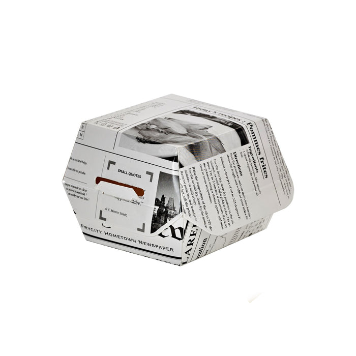 Scatola per hamburger in cartone bianco, decorazione stampa di giornale - 7,5 cm x 7,5 cm x 5 cm - 50 pezzi