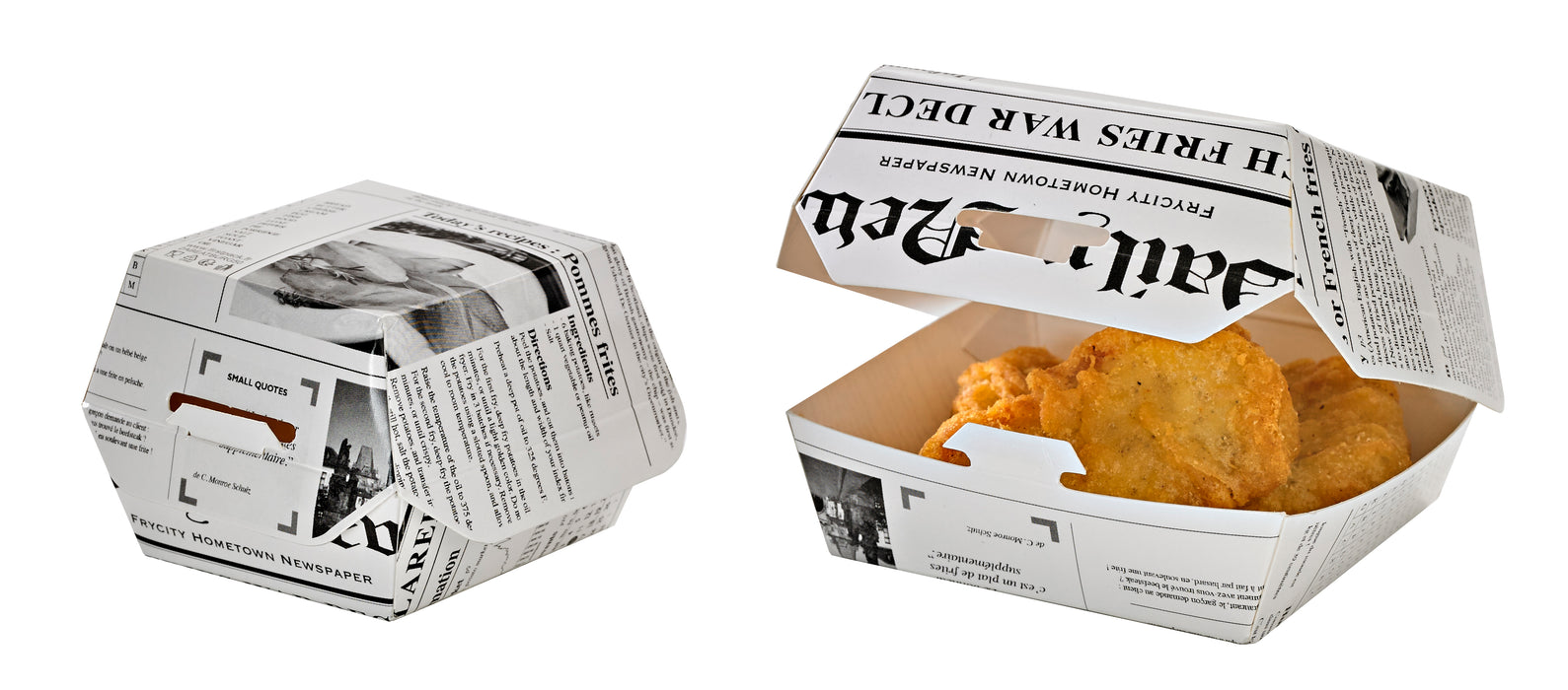 Scatola per hamburger in cartone bianco, decorazione stampa di giornale - 7,5 cm x 7,5 cm x 5 cm - 50 pezzi