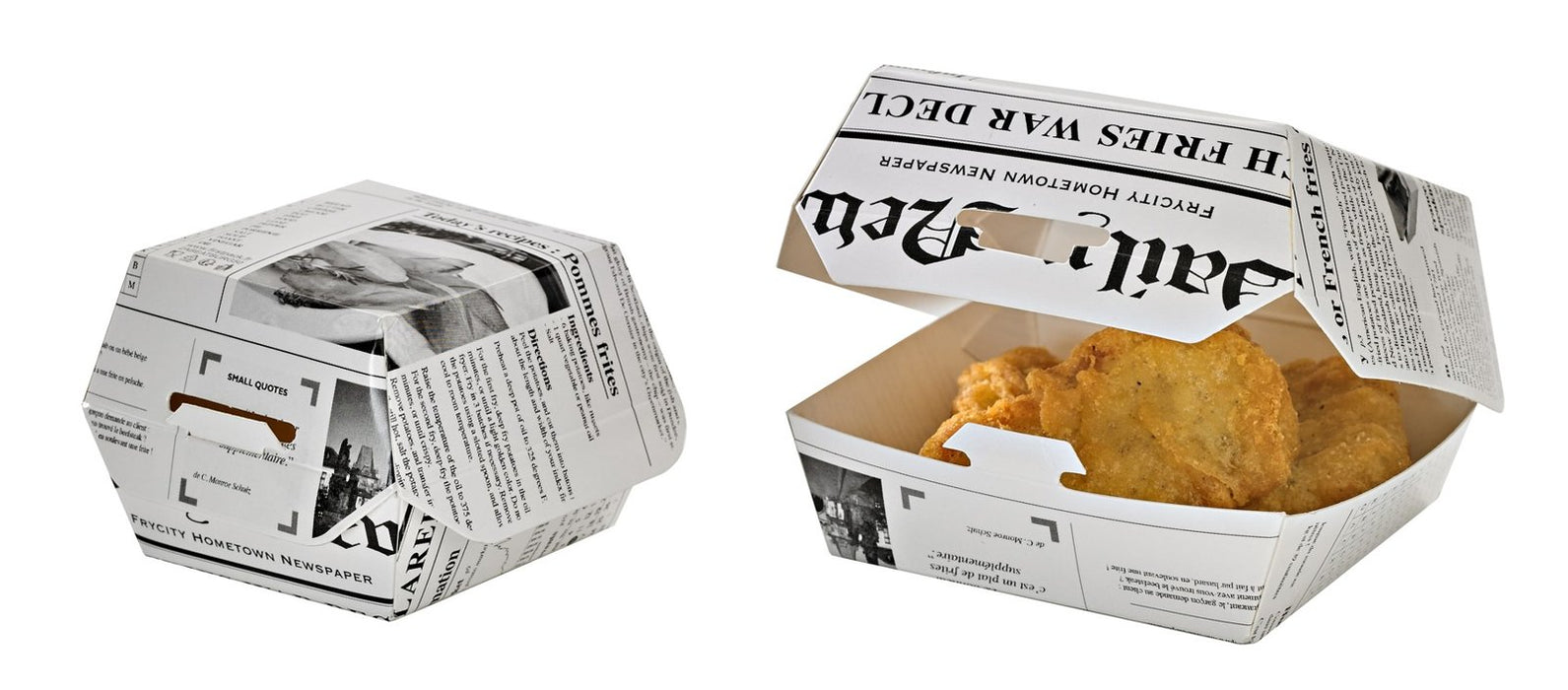 Scatola per hamburger in cartone bianco, decorazione stampa di giornale 75x75mm H50mm