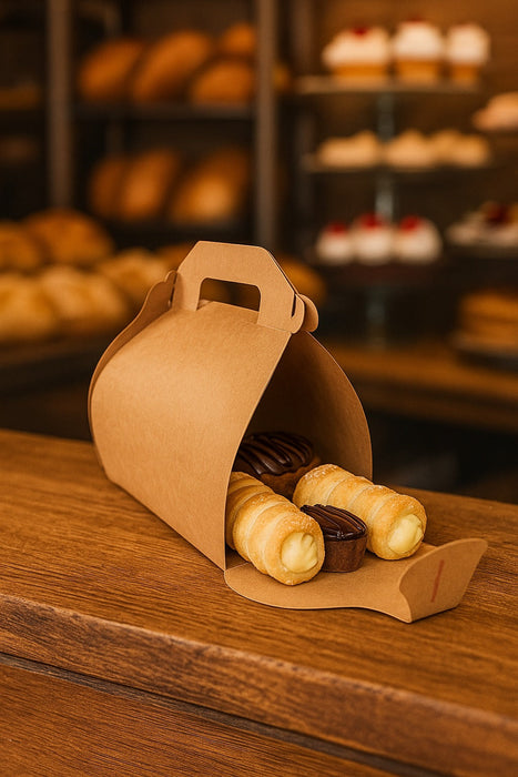 Scatola da pasticceria alta in cartone kraft, con manici - 18 cm x 14 cm x 16 cm - 50 pezzi