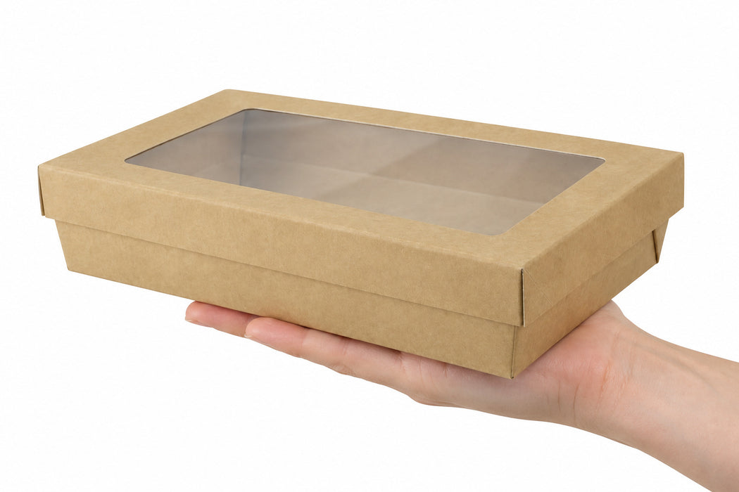 Scatola "Kray" in cartone kraft con coperchio a finestra - 1500 ml - 22,5 cm x 15,5 cm x 5,3 cm - 50 pezzi