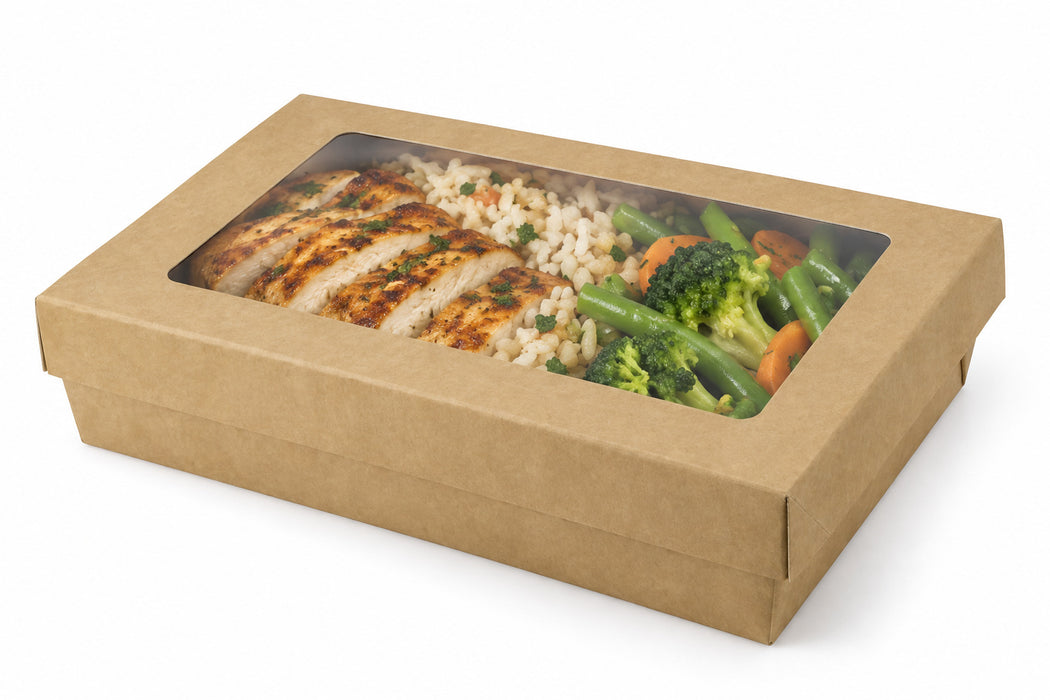 Scatola "Kray" in cartone kraft con coperchio a finestra - 1500 ml - 22,5 cm x 15,5 cm x 5,3 cm - 50 pezzi