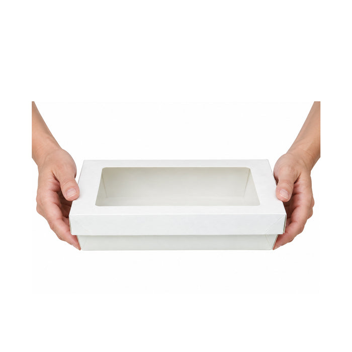 Scatola "Kray" in cartone bianco con coperchio a finestra - 1500 ml - 22,5 cm x 15,5 cm x 5,5 cm - 50 pezzi