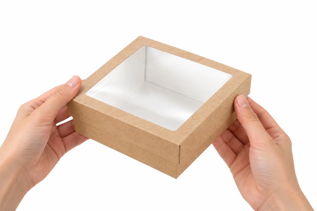 Scatola "Kray" in cartone kraft con coperchio a finestra - 950 ml - 15,5 cm x 15,5 cm x 5 cm - 25 pezzi