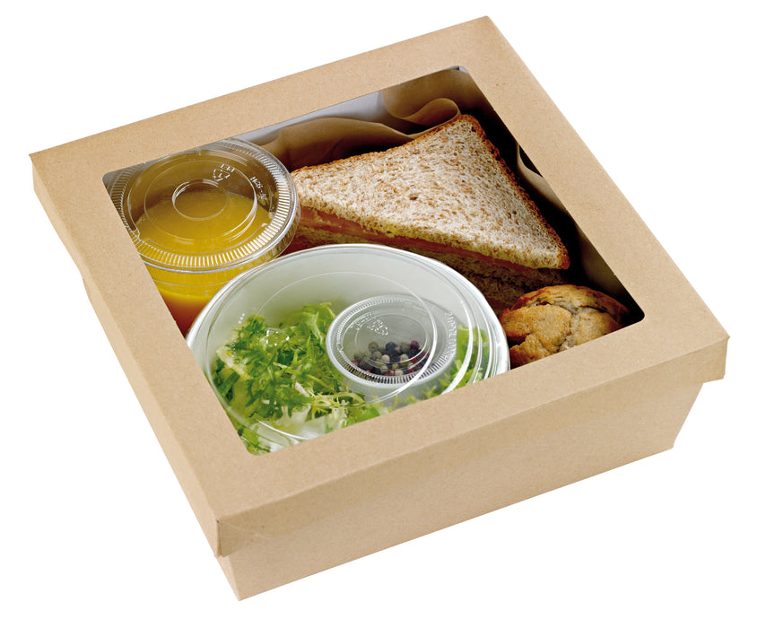 Scatola "Kray" in cartone kraft con coperchio a finestra - 4200 ml - 24,5 cm x 24,5 cm x 8 cm - 25 pezzi