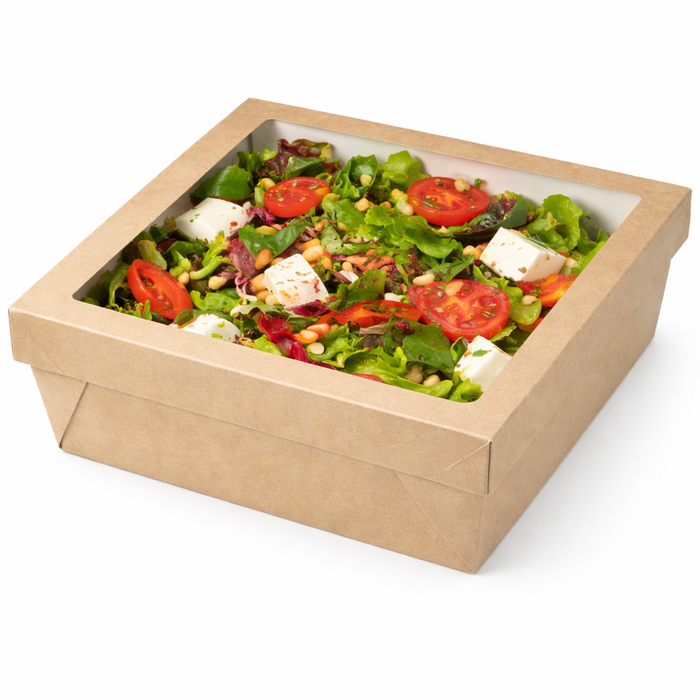 Scatola "Kray" in cartone kraft con coperchio a finestra - 3000 ml - 26,5 cm x 26,5 cm x 5 cm - 25 pezzi