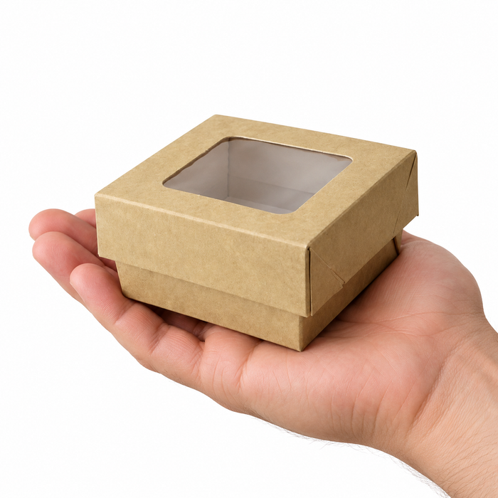 Scatola "Kray" in cartone kraft con coperchio a finestra - 200 ml - 8,5 cm x 8,5 cm x 4 cm - 25 pezzi