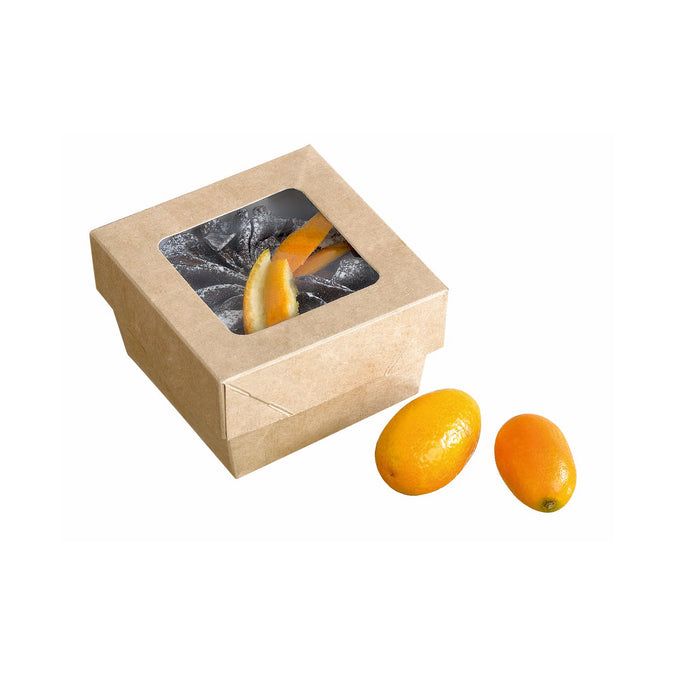 Scatola "Kray" in cartone kraft con coperchio a finestra - 200 ml - 8,5 cm x 8,5 cm x 4 cm - 25 pezzi