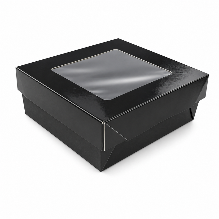 Scatola "Kray" in cartone nero con coperchio a finestra, per cottura in forno - 700 ml - 13,5 cm x 13,5 cm x 5 cm - 25 pezzi