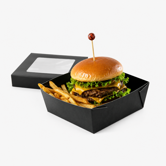 Scatola "Kray" in cartone nero con coperchio a finestra, per cottura in forno - 700 ml - 13,5 cm x 13,5 cm x 5 cm - 25 pezzi