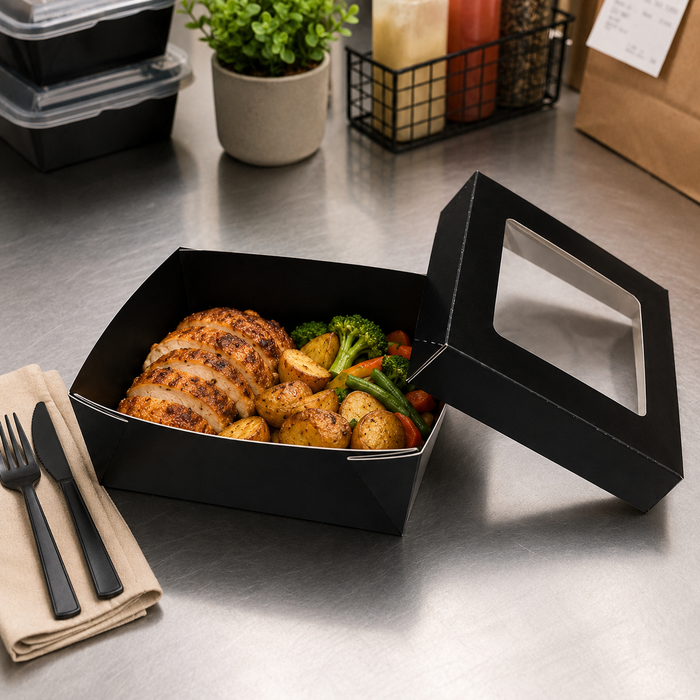 Scatola "Kray" in cartone nero con coperchio a finestra, per cottura in forno - 950 ml - 15,5 cm x 15,5 cm x 5 cm - 25 pezzi