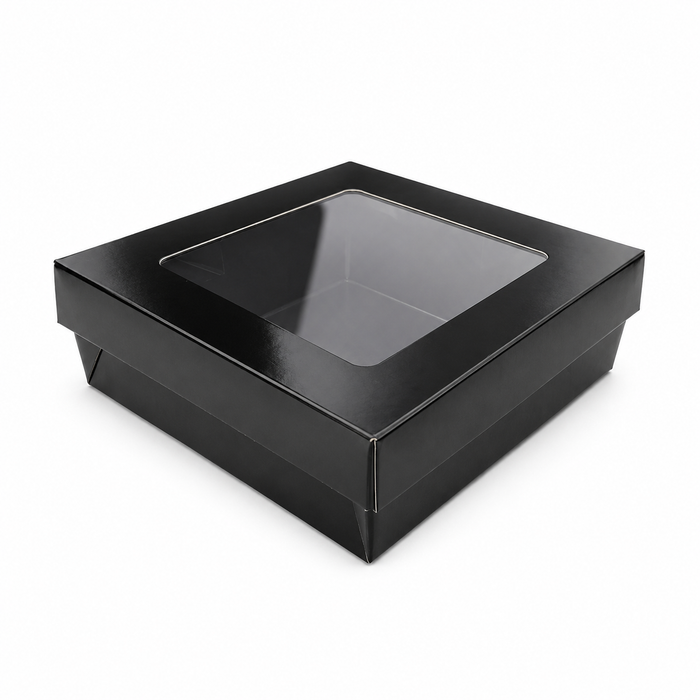 Scatola "Kray" in cartone nero con coperchio a finestra, per cottura in forno - 950 ml - 15,5 cm x 15,5 cm x 5 cm - 25 pezzi