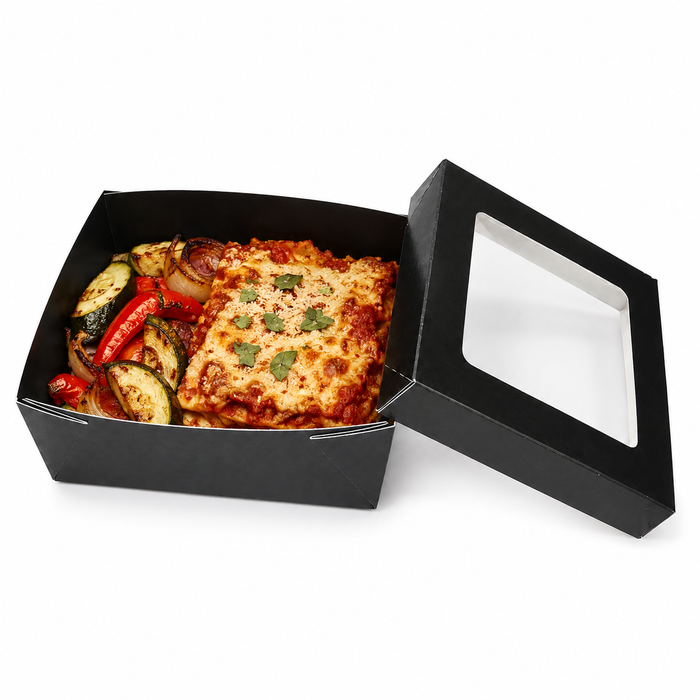 Scatola "Kray" in cartone nero con coperchio a finestra, per cottura in forno - 950 ml - 15,5 cm x 15,5 cm x 5 cm - 25 pezzi