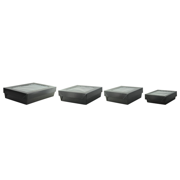 Scatola "Kray" in cartone nero con coperchio a finestra, per cottura in forno - 22,5 cm x 15,5 cm x 5,3 cm - 25 pezzi