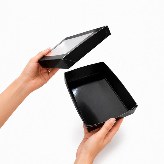 Scatola "Kray" in cartone nero con coperchio a finestra, per cottura in forno - 22,5 cm x 15,5 cm x 5,3 cm - 25 pezzi