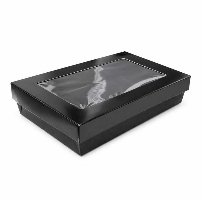 Scatola "Kray" in cartone nero con coperchio a finestra, per cottura in forno - 22,5 cm x 15,5 cm x 5,3 cm - 25 pezzi