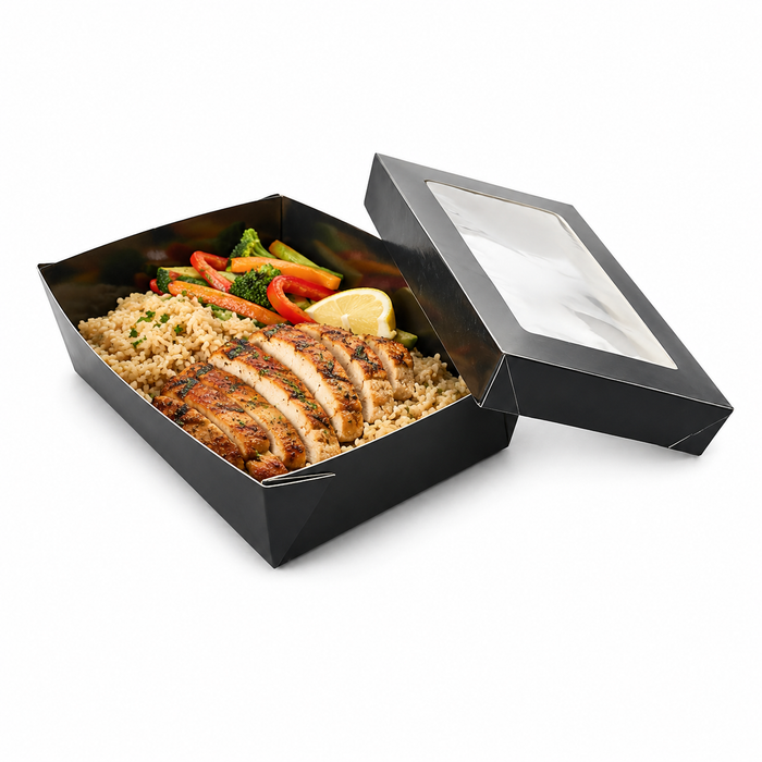 Scatola "Kray" in cartone nero con coperchio a finestra, per cottura in forno - 22,5 cm x 15,5 cm x 5,3 cm - 25 pezzi