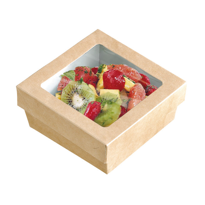 Scatola "Kray" in cartone kraft con coperchio a finestra in PLA - 700 ml - 13,5 cm x 13,5 cm x 5 cm - 25 pezzi