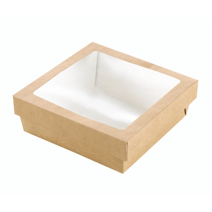 Scatola "Kray" in cartone kraft con coperchio a finestra in PLA - 900 ml - 15,5 cm x 15,5 cm x 5,3 cm - 25 pezzi