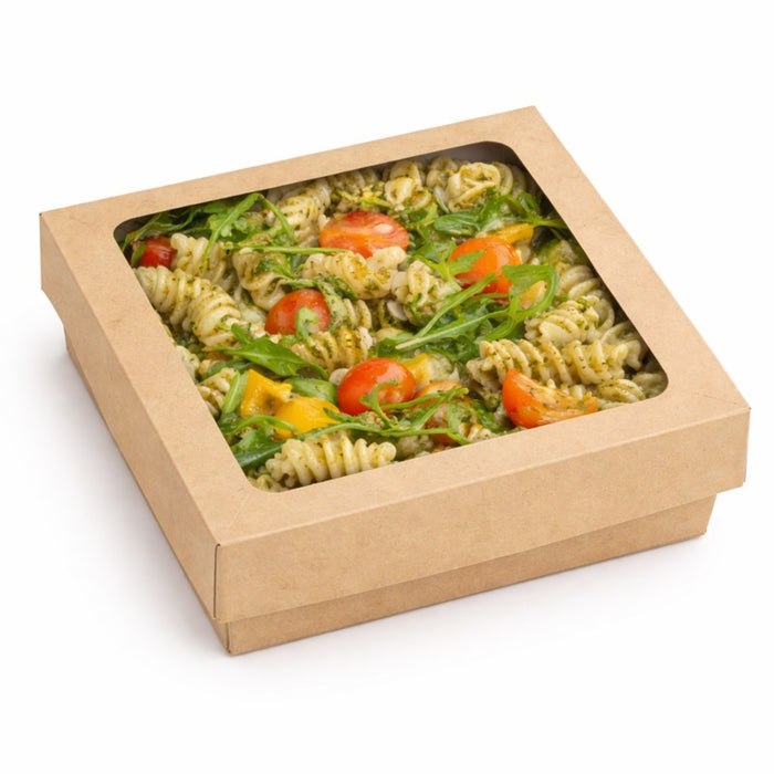 Scatola "Kray" in cartone kraft con coperchio a finestra in PLA 155x155mm H50mm 900ml