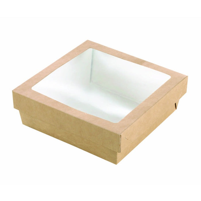 Scatola "Kray" in cartone kraft con coperchio a finestra in PLA 155x155mm H50mm 900ml