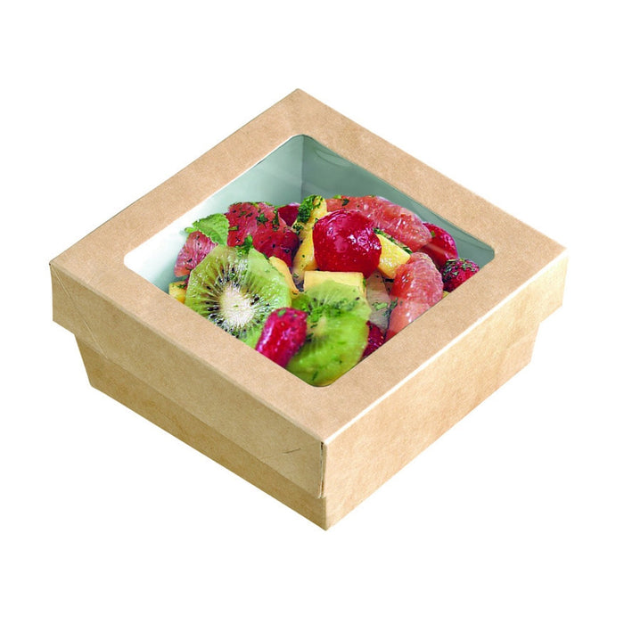 Scatola "Kray" in cartone kraft con coperchio a finestra in PLA - 1300 ml - 20,5 cm x 20,5 cm x 4 cm - 50 pezzi