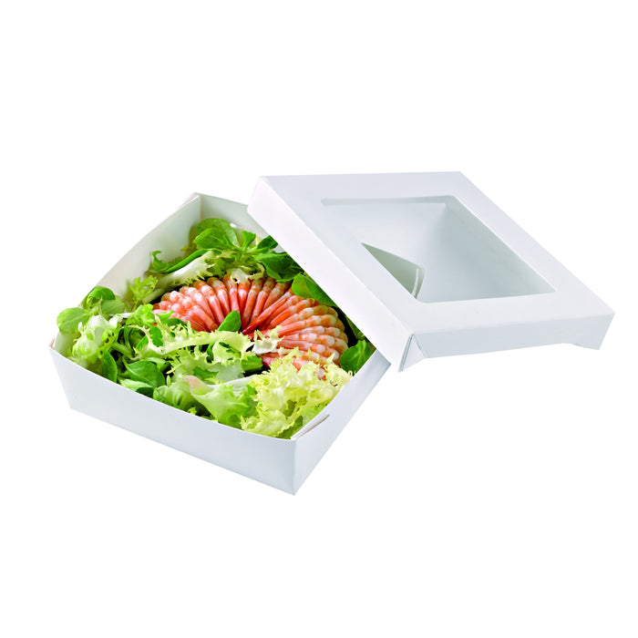 Scatola "Kray" in cartone bianco con coperchio a finestra in PLA - 700 ml - 13,5 cm x 13,5 cm x 5 cm - 25 pezzi