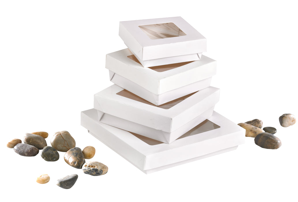 Scatola "Kray" in cartone bianco con coperchio a finestra - 700 ml - 13,5 cm x 13,5 cm x 5 cm - 25 pezzi