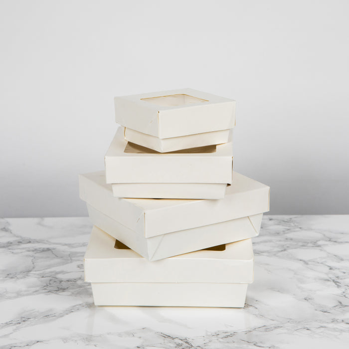 Scatola "Kray" in cartone bianco con coperchio a finestra - 700 ml - 13,5 cm x 13,5 cm x 5 cm - 25 pezzi