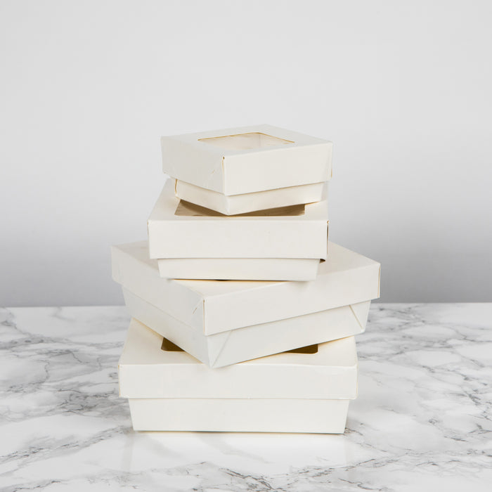 Scatola "Kray" in cartone bianco con coperchio a finestra - 700 ml - 13,5 cm x 13,5 cm x 5 cm - 25 pezzi