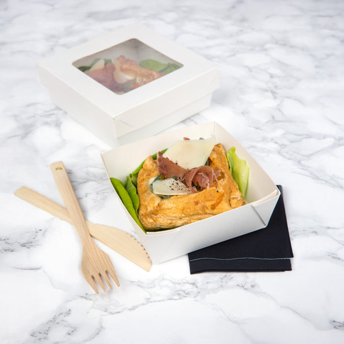 Scatola "Kray" in cartone bianco con coperchio a finestra - 700 ml - 13,5 cm x 13,5 cm x 5 cm - 25 pezzi