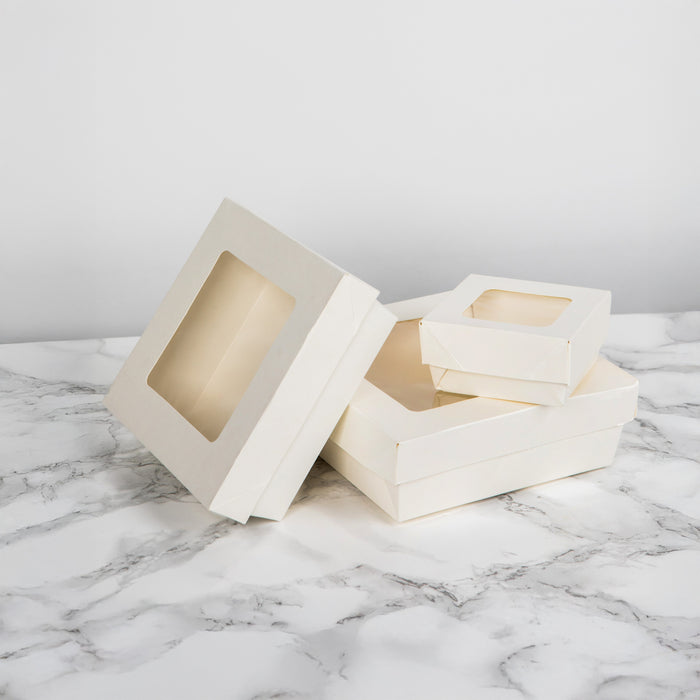 Scatola "Kray" in cartone bianco con coperchio a finestra - 1450 ml - 20,5 cm x 20,5 cm x 4 cm - 50 pezzi