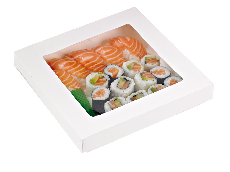 Scatola "Kray" in cartone bianco con coperchio a finestra - 1450 ml - 20,5 cm x 20,5 cm x 4 cm - 50 pezzi