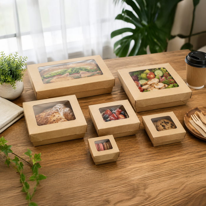 Scatola "Kray" in cartone kraft con coperchio a finestra, per cottura in forno - 350 ml - 11,5 cm x 11,5 cm x 4 cm - 25 pezzi